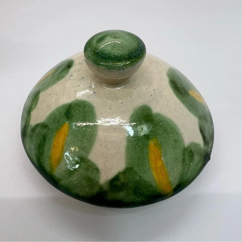 Vtg Mexican Pottery Sugar Bowl w/lid Hand Painted Fish  Glazed, Artist Signed